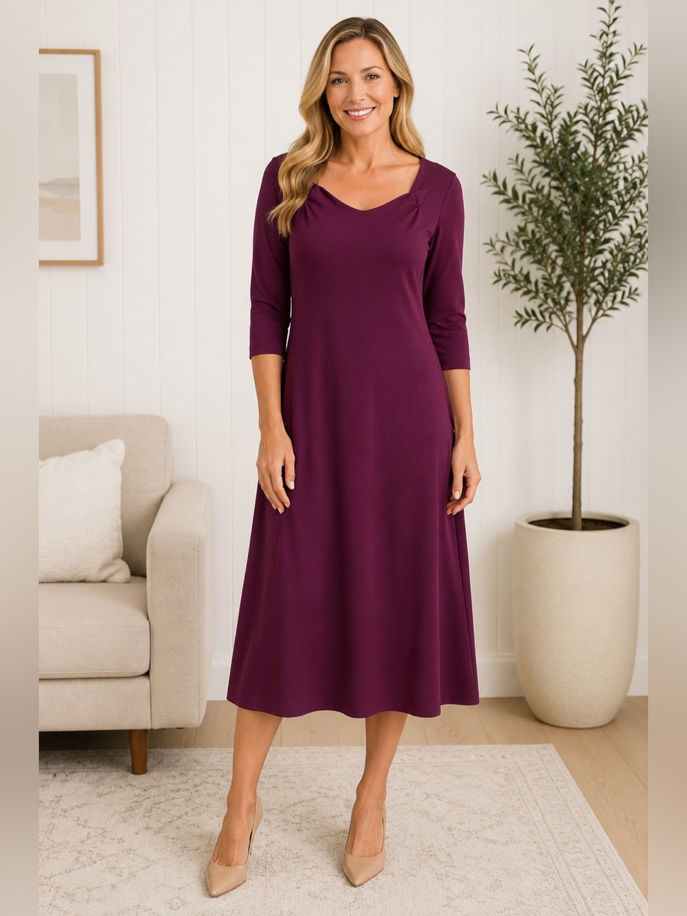 Plum A Line Midi Dress 3/4 Sleeve Stretch Knit Coldwater Creek Medium